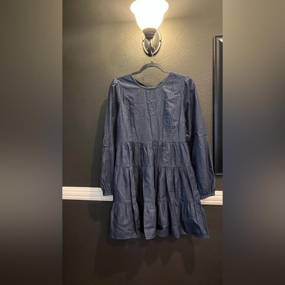 Draper James Dark Wash Denim Long Sleeve Midi Babydoll Bow Back Dress Size Small